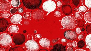 Red background filled with hand-sketched white and black speech bubbles of various sizes forming a border around center space