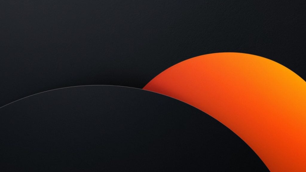 Dark abstract composition with two overlapping semi-circles, a large black arc in front and a glowing orange arc behind.