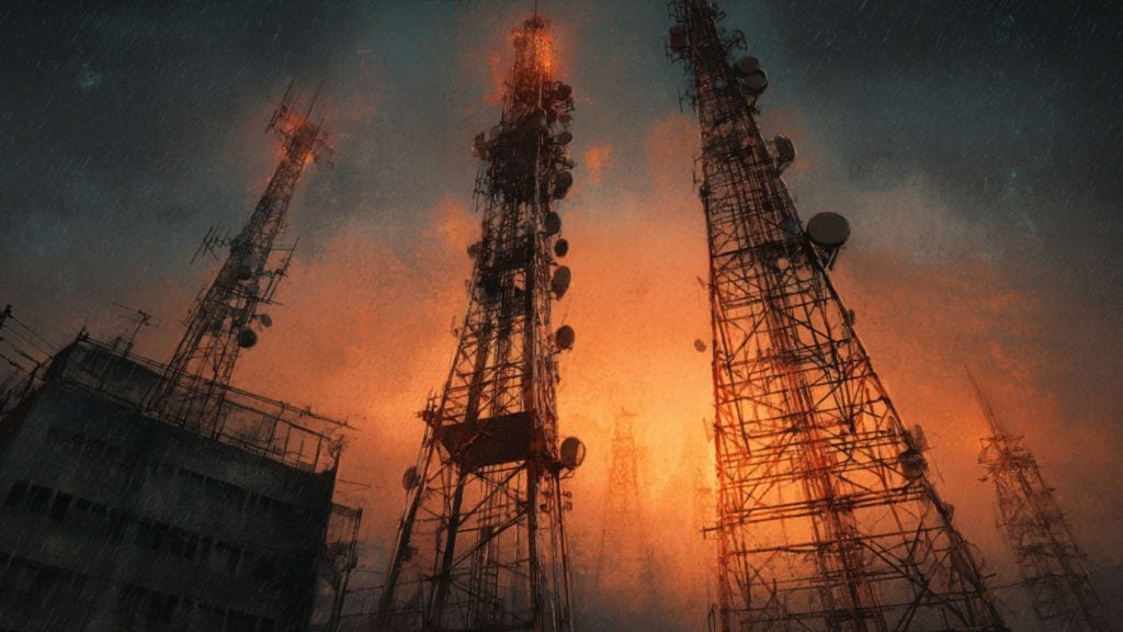 Tall steel radio towers with dish antennas silhouetted against an orange, stormy sky with rain streaks and a dark building in the foreground