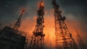 Tall steel radio towers with dish antennas silhouetted against an orange, stormy sky with rain streaks and a dark building in the foreground