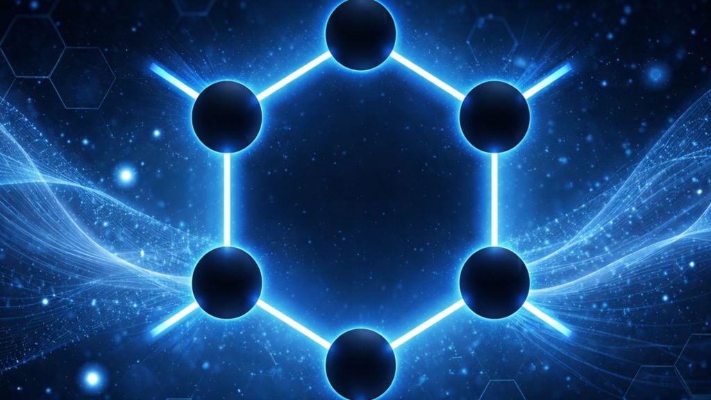 Glowing blue hexagonal molecular ring made of six black spheres connected by bright neon blue bonds against a starry digital background