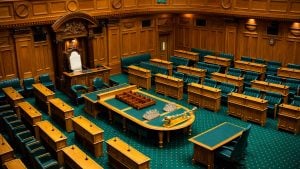 Empty parliamentary chamber with green leather benches, wooden desks, central speaker's table and ceremonial mace.