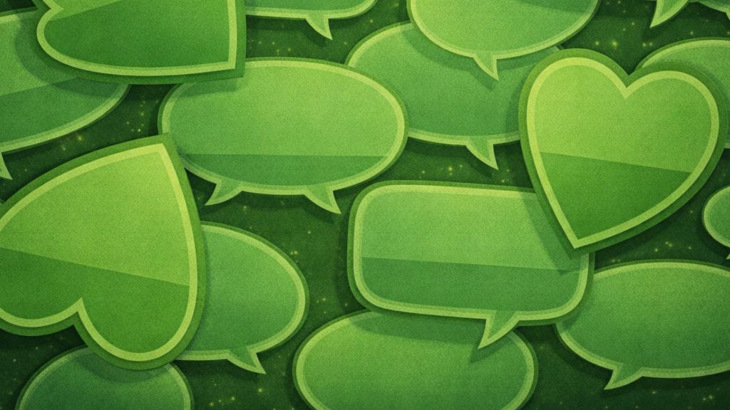 Overlapping green speech bubbles and heart-shaped chat icons on a textured dark green background.