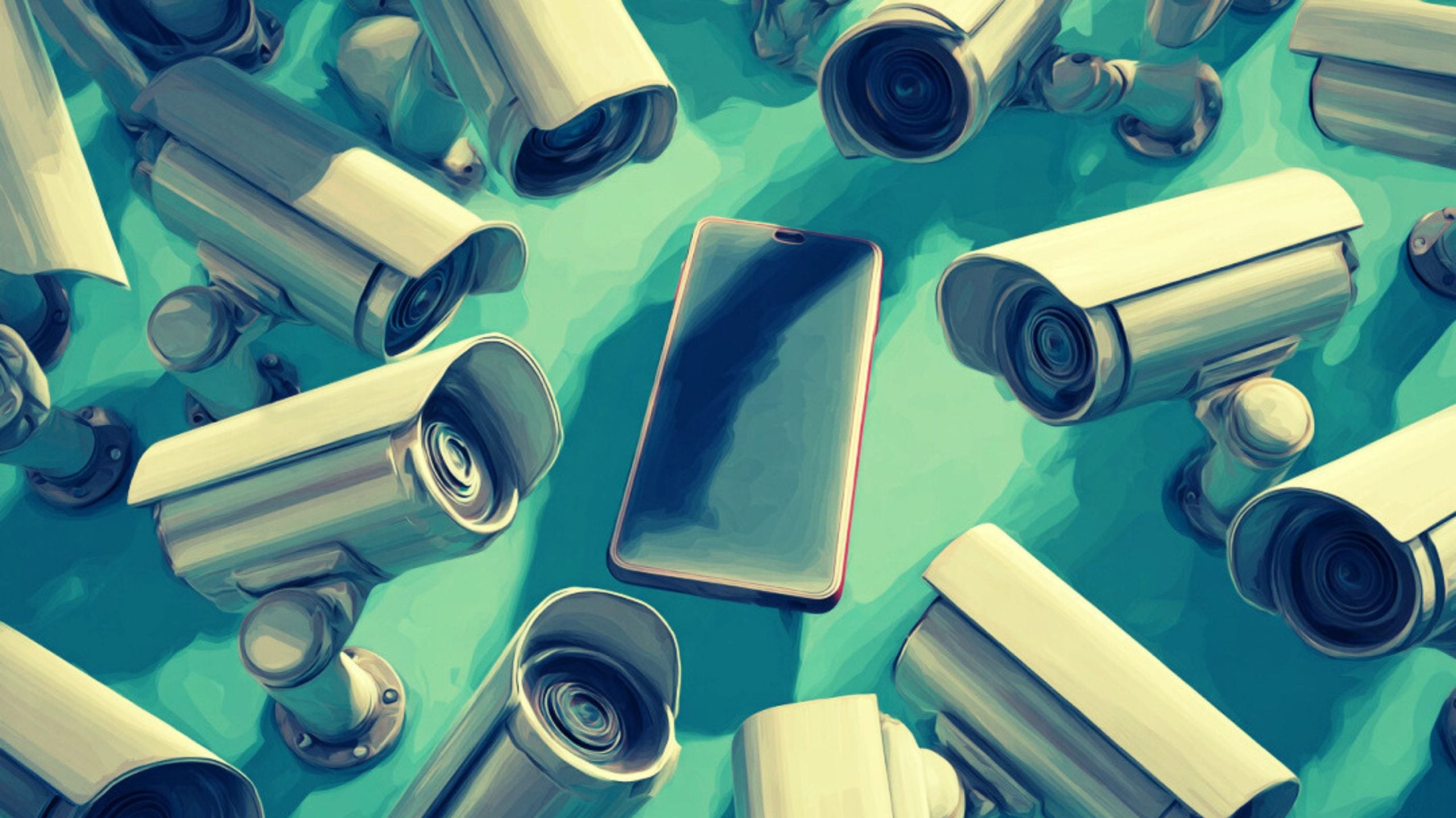 A smartphone lies at the center, surrounded by multiple CCTV security cameras all aimed at it on a teal background.