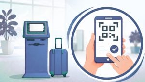 Self-check kiosk and suitcase at left, close-up circle at right showing hands scanning a QR code on a smartphone screen.