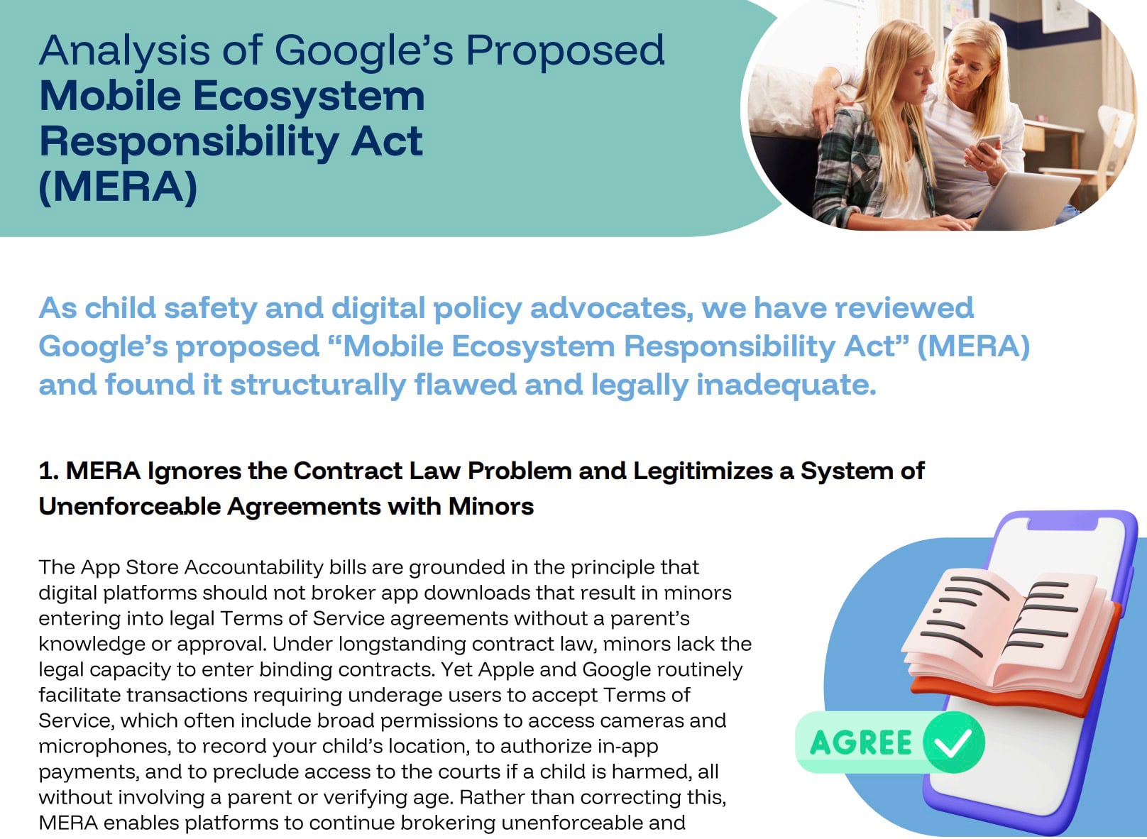 Header titled "Analysis of Google’s Proposed Mobile Ecosystem Responsibility Act (MERA)" with a brief paragraph saying child safety advocates found MERA flawed, plus a section heading about MERA ignoring contract law and an illustration of a phone with an open book and an "AGREE" button.