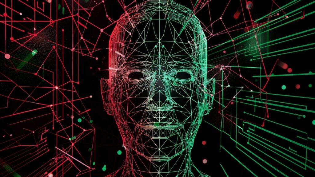 Wireframe human face in neon red and green with geometric network lines and circuit-like connections on a black background.