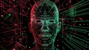 Wireframe human face in neon red and green with geometric network lines and circuit-like connections on a black background.