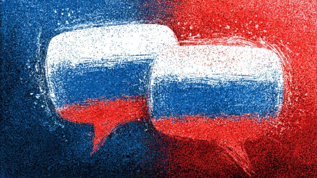 Two overlapping speech bubbles painted in textured red, white, and blue, set against a split blue-and-red speckled background.