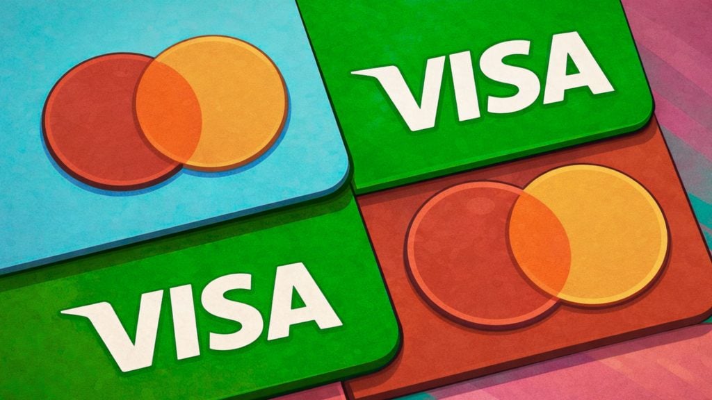Four overlapping colorful cards showing VISA logos and Mastercard-style overlapping red and yellow circles on a tiled background.