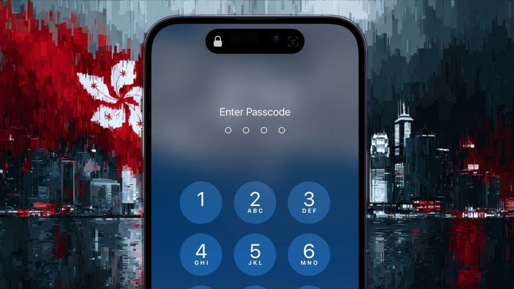 Smartphone lock screen with numeric passcode keypad over a stylized red-and-blue cityscape and Hong Kong bauhinia flag motif