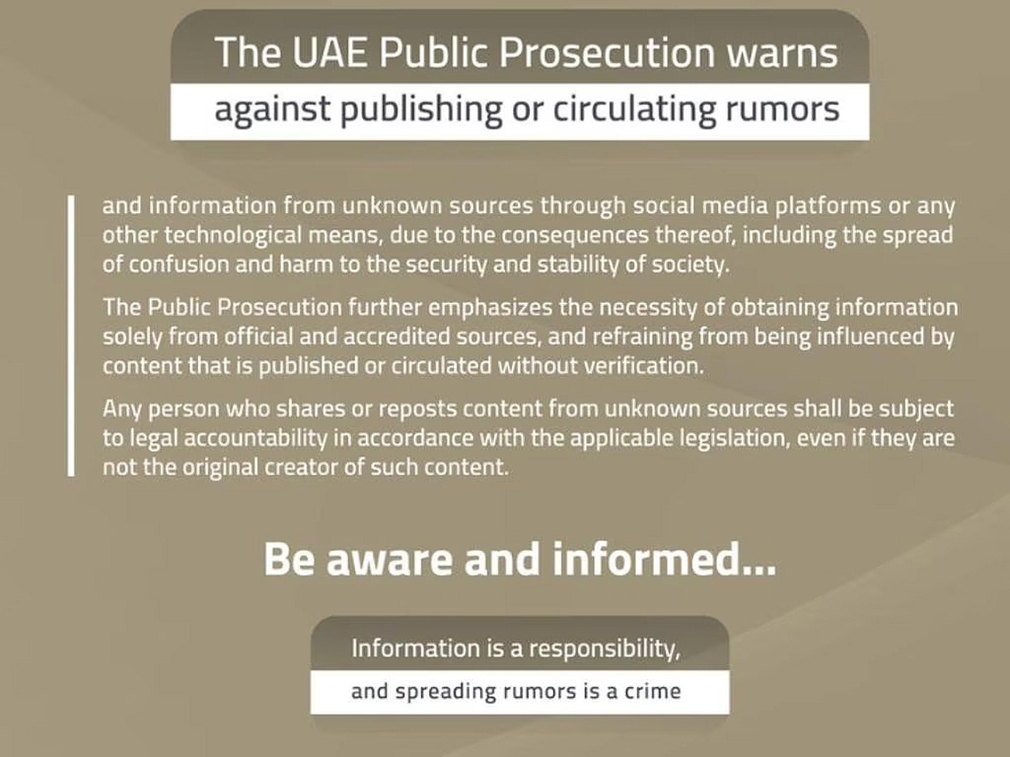 Beige poster from the UAE Public Prosecution warning that publishing or circulating rumors via social media is a crime.