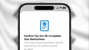 Smartphone screen showing a prompt titled "Confirm You Are 18+ to Update Your Restrictions" with a blue ID/check icon above.