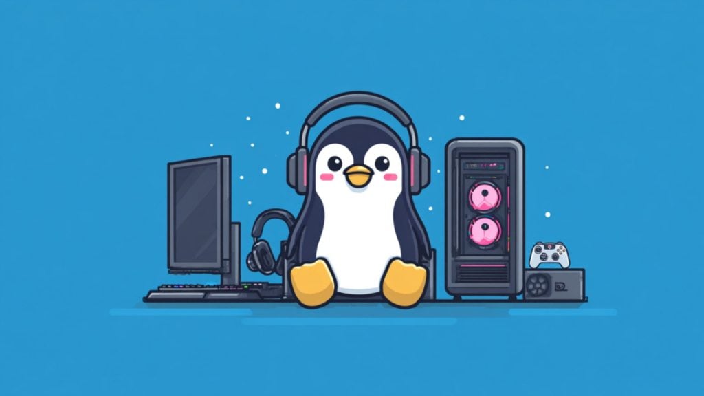 Cute cartoon penguin wearing headphones seated between a gaming monitor, keyboard, headset, and a PC tower with pink fans