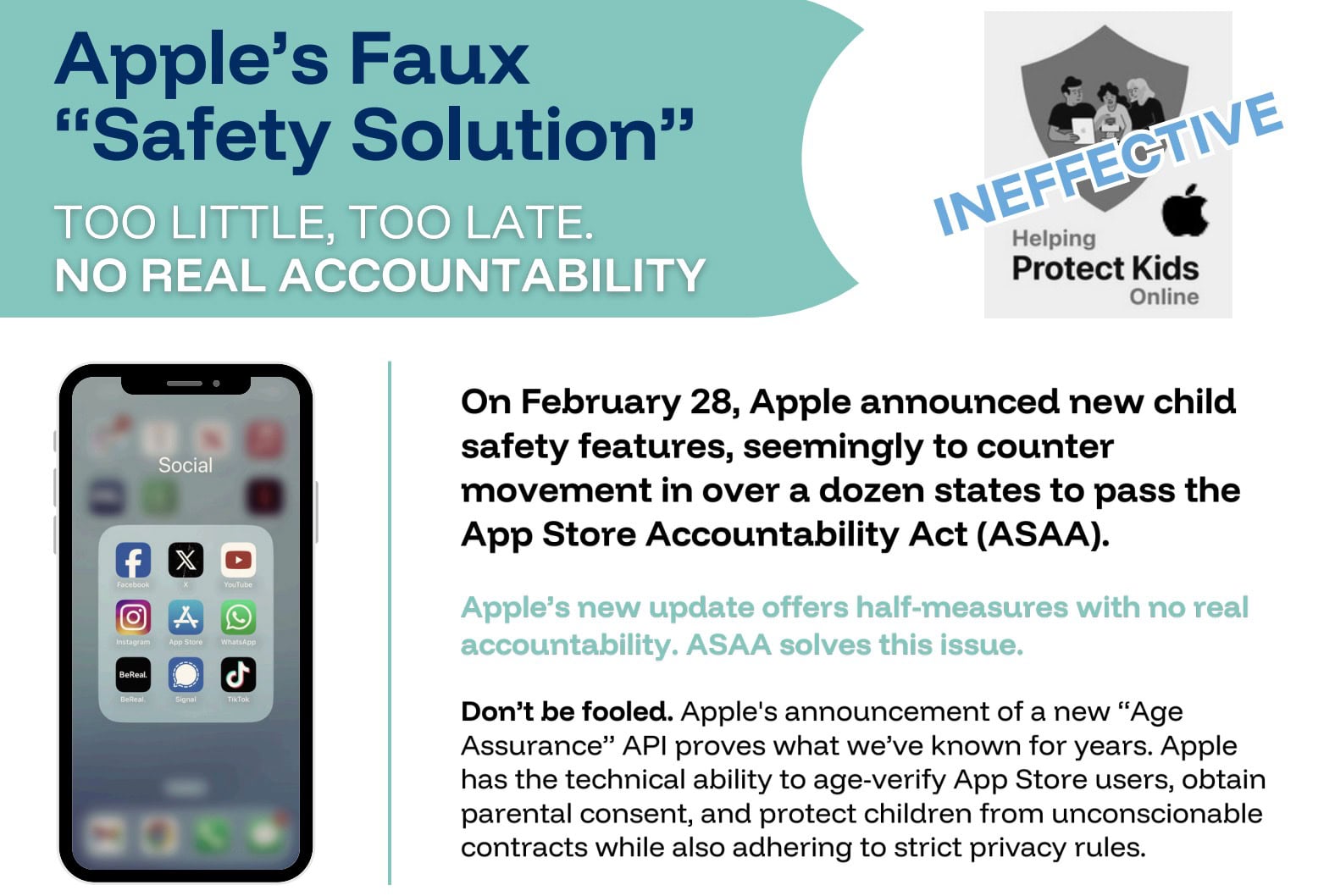 Bold infographic criticizing Apple's child safety update as ineffective, with phone graphic and headline "Too little, too late."