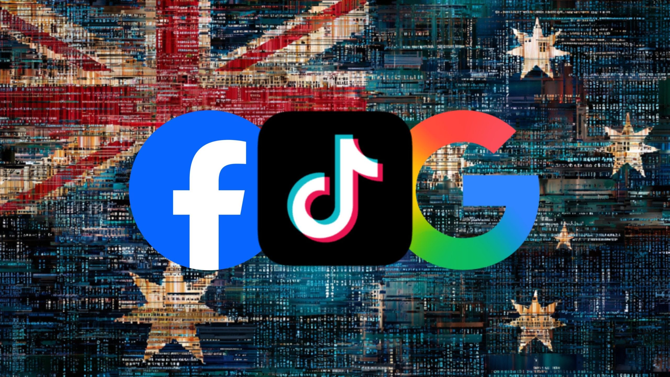 Facebook, TikTok, and Google logos overlapping over a glitchy, pixelated Union Jack and star-patterned background.