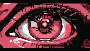 Close-up stylized pixel-art eye in red, pink, black, and white with digital glitch patterns and heavy halftone shading.