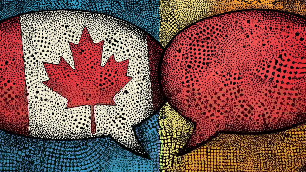 Two comic-style speech bubbles touching, one filled with a stylized Canadian flag maple leaf, the other solid red, on textured colors.