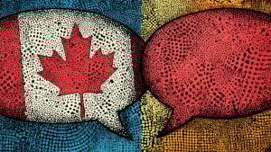 Two comic-style speech bubbles touching, one filled with a stylized Canadian flag maple leaf, the other solid red, on textured colors.
