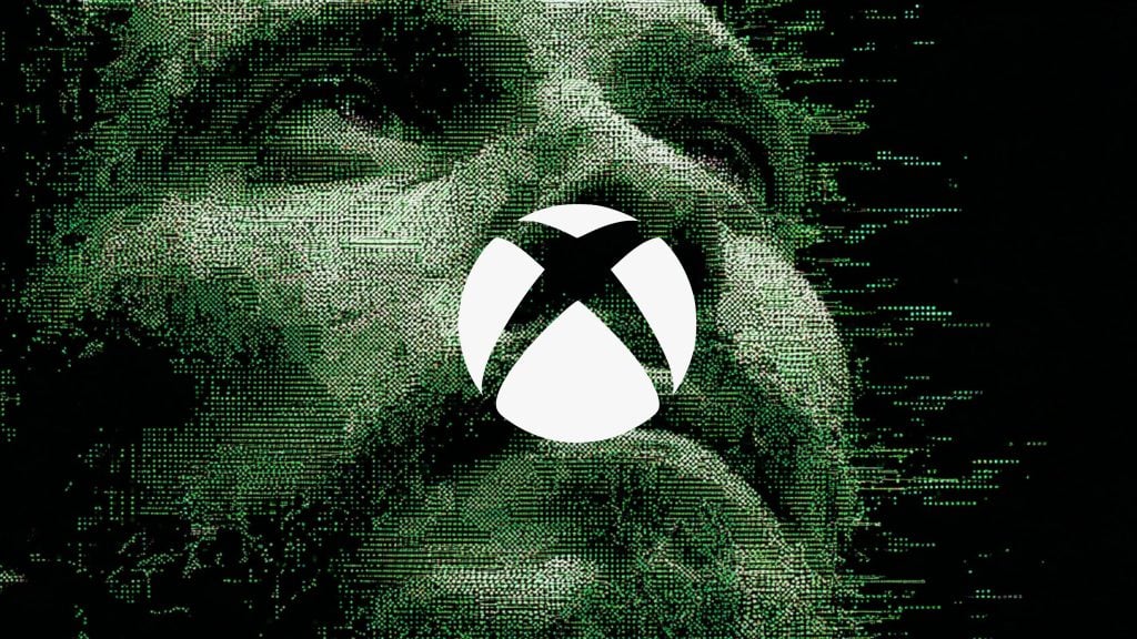 White Xbox logo centered over a green, glitchy pixel-art portrait made of scattered dots and horizontal lines on a black background.