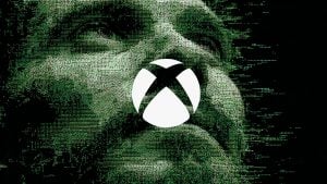 White Xbox logo centered over a green, glitchy pixel-art portrait made of scattered dots and horizontal lines on a black background.