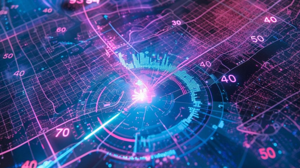 Futuristic neon city map with glowing concentric radar rings, data bars, grid streets, and numeric markers in pink and blue.