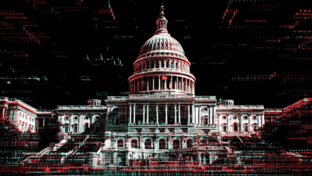 US Capitol building with dome shown in red and cyan glitch effect against a black background