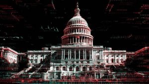 US Capitol building with dome shown in red and cyan glitch effect against a black background