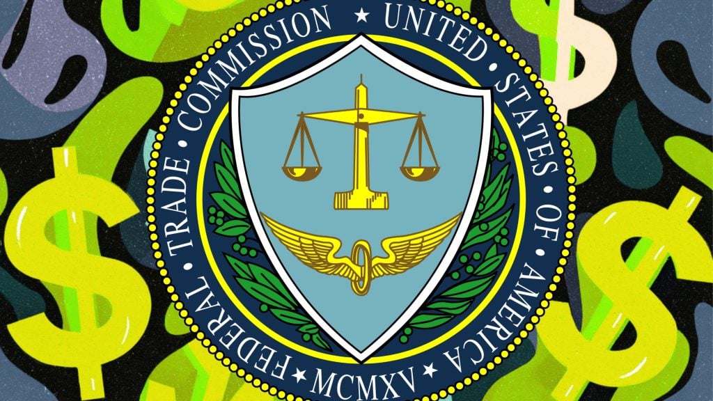 Round FTC seal with scales and winged caduceus on a shield, surrounded by wreath and dollar-sign patterned background