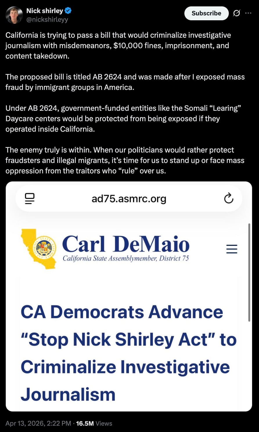 Screenshot of a tweet by Nick Shirley claiming California bill AB 2624 would criminalize investigative journalism with fines and prison, above a webpage headline reading "CA Democrats Advance 'Stop Nick Shirley Act' to Criminalize Investigative Journalism" and a Carl DeMaio masthead.