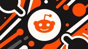Red and white stylized Reddit alien logo centered on a black and orange abstract geometric background.