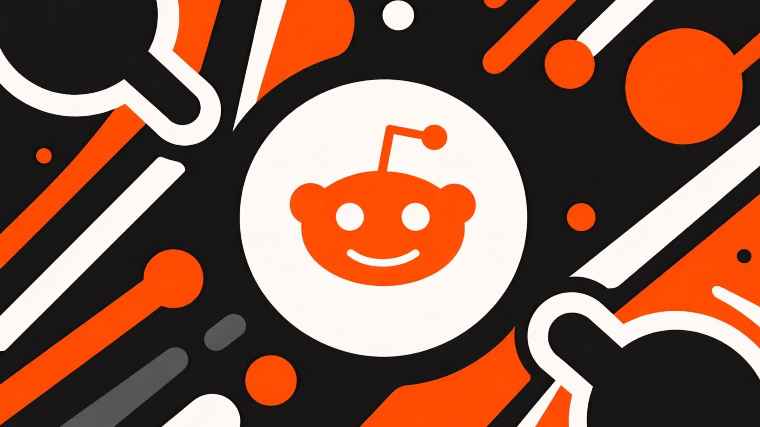 Red and white stylized Reddit alien logo centered on a black and orange abstract geometric background.