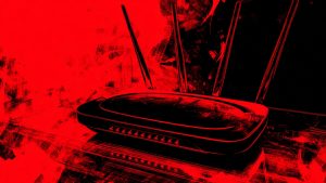 Wireless router with three antennas on a scratched red-and-black textured surface, high-contrast graphic style