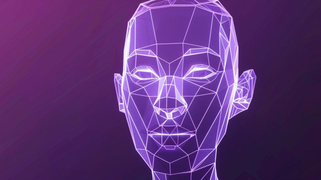 Wireframe-style neon purple human head facing forward on a dark purple gradient background