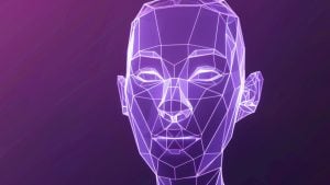 Wireframe-style neon purple human head facing forward on a dark purple gradient background
