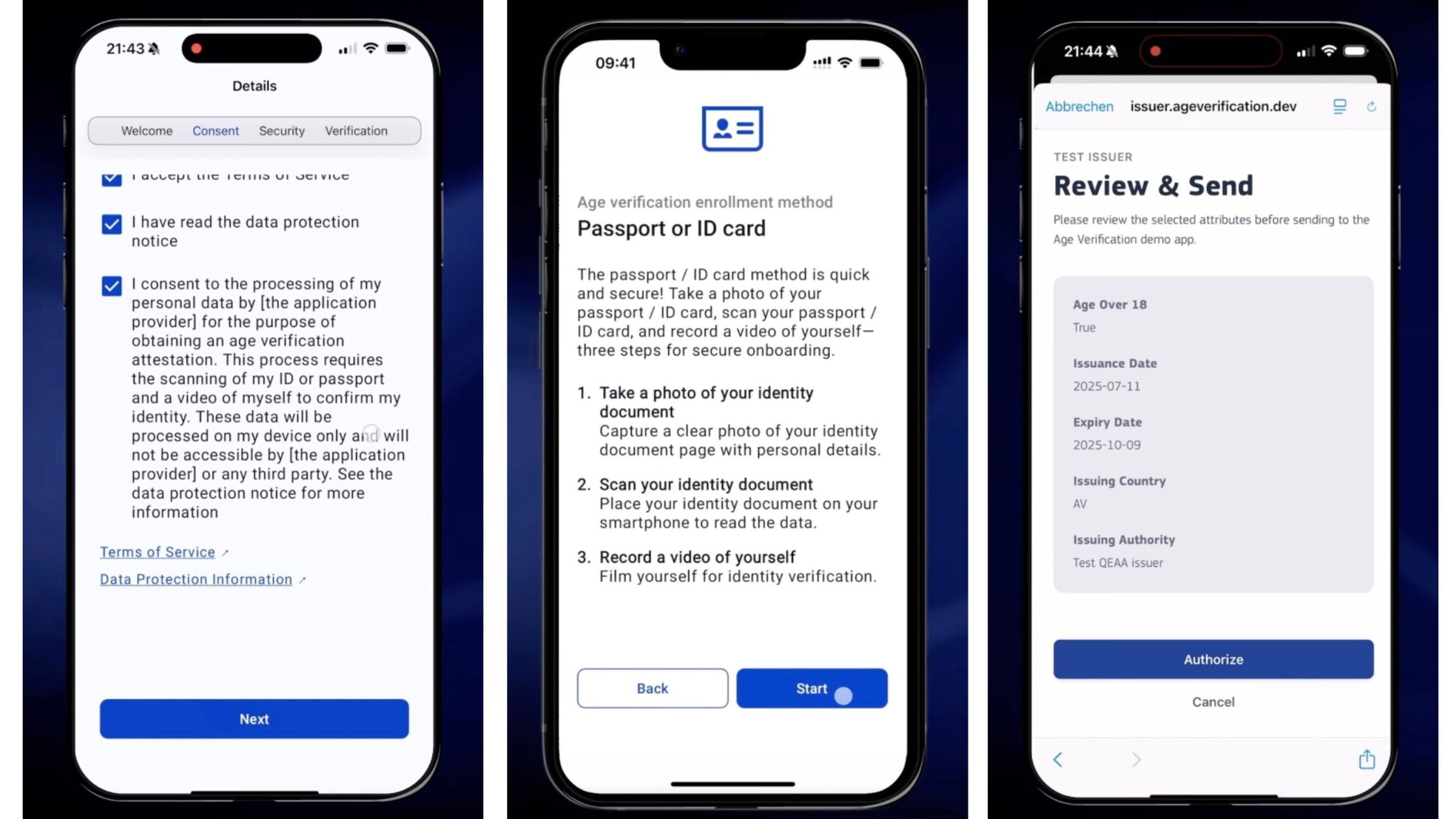Three phone screens showing an age verification flow: consent checkboxes, passport/ID instructions, and a review & send summary.