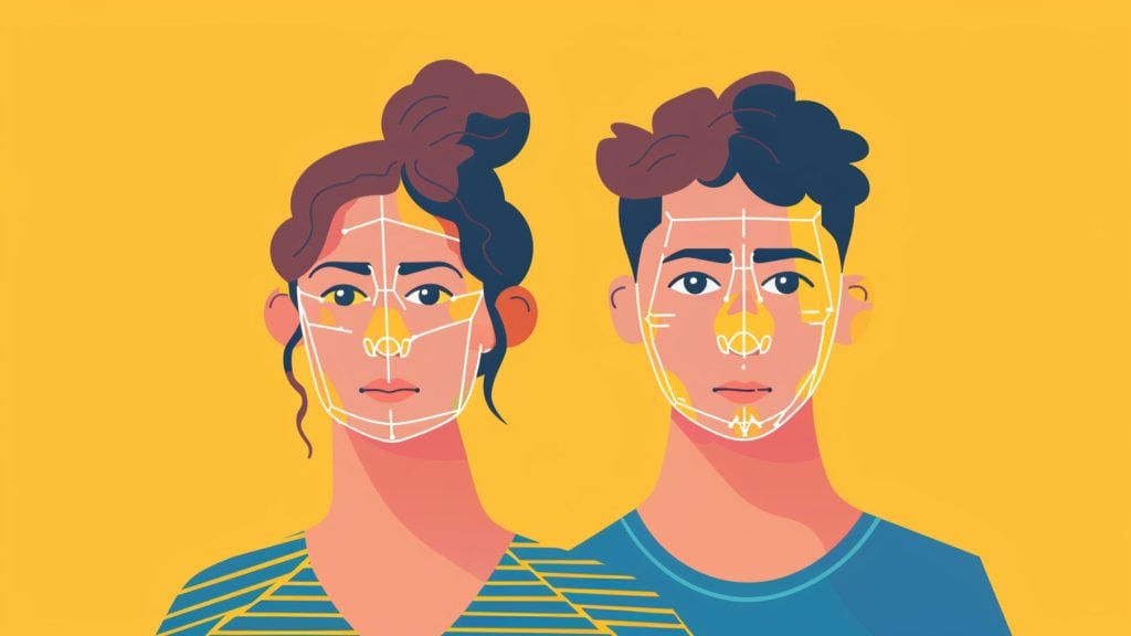 Stylized illustration of a woman and man side by side with facial landmark lines overlaid on their faces against a yellow background.