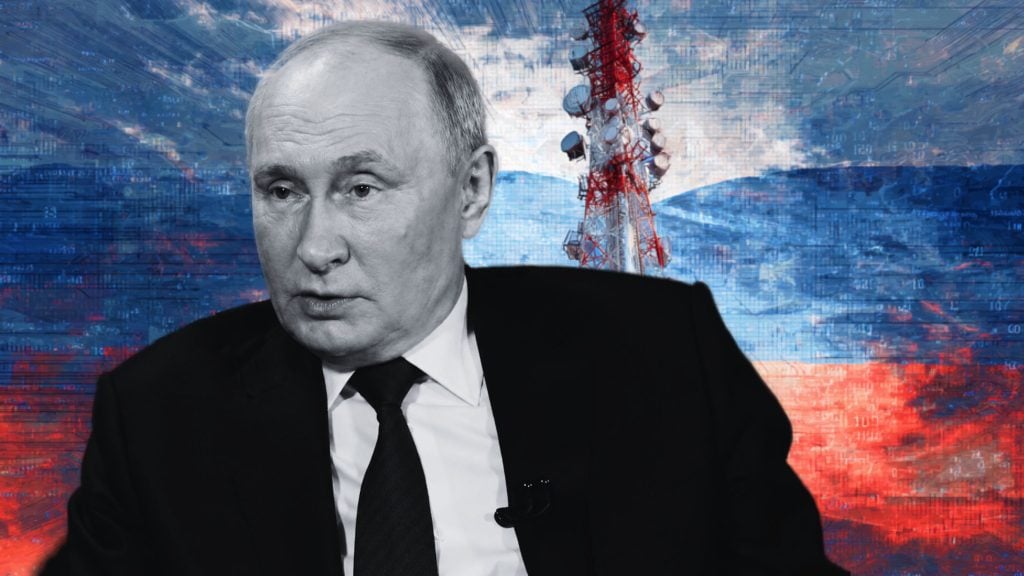 Close-up of a somber older man in a black suit and tie against a stylized red-and-blue digital background with a communications tower.
