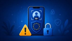 Smartphone screen showing user icon with "18+" badge, EU shield, warning triangle and padlock on blue privacy/security background