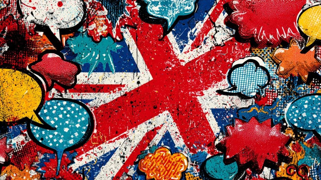 Grungy pop-art Union Jack background overlaid with colorful comic-style speech bubbles and paint splatters.