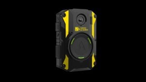 Compact black and yellow body camera with lens, speaker grill, green LED rings and "Video & Audio" label on front