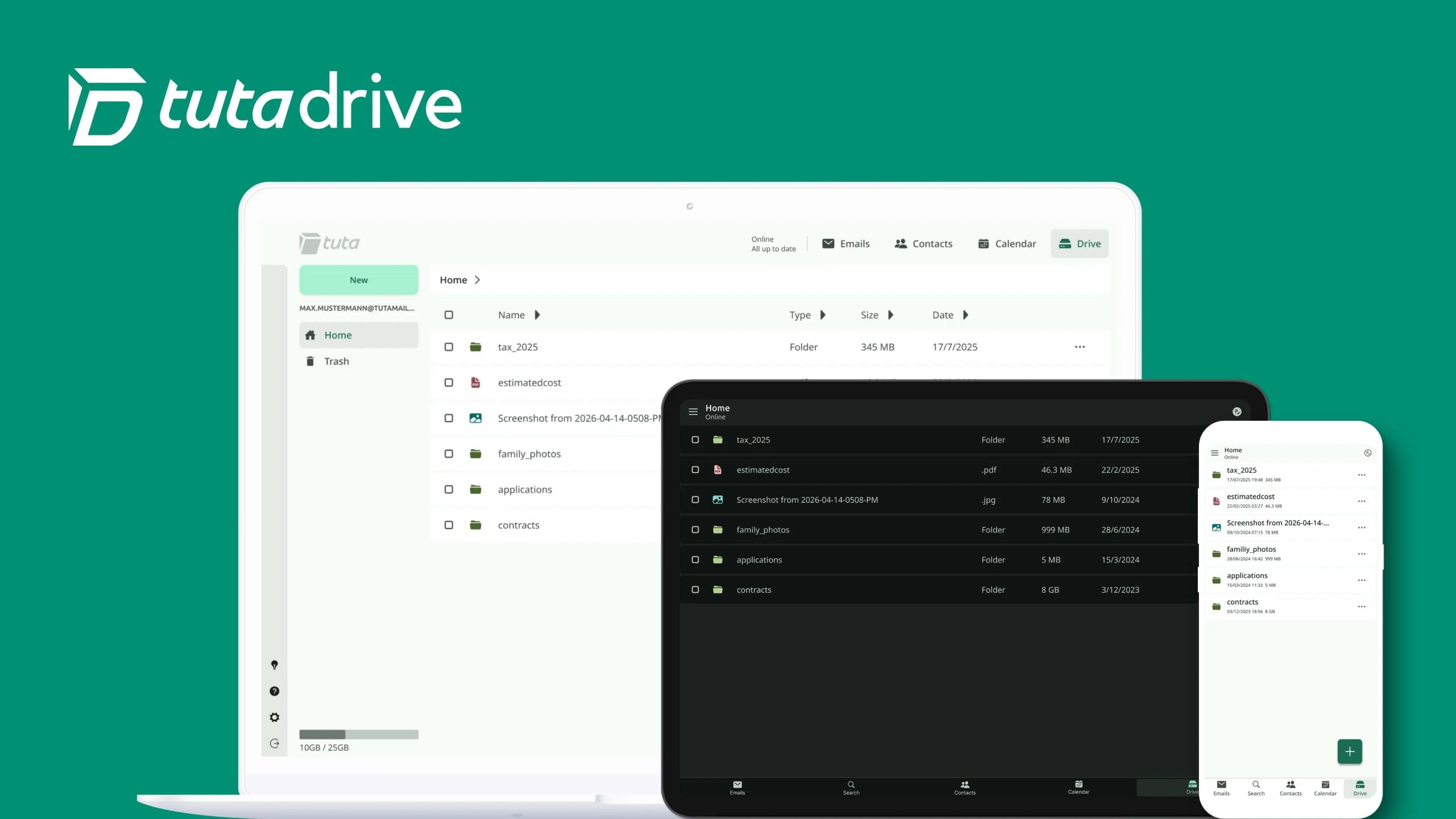 Green TutaDrive branded background showing cloud drive UI on laptop, tablet (dark mode) and smartphone with folders listed.