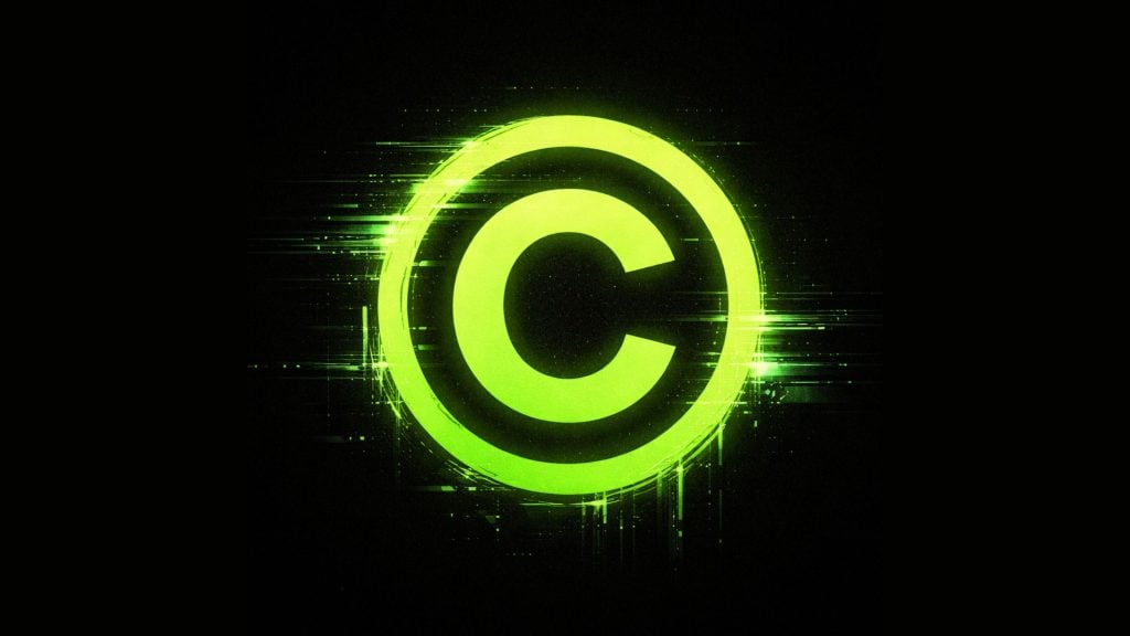 Bright neon green copyright symbol (C inside a circle) with horizontal glitchy streaks on a dark background.