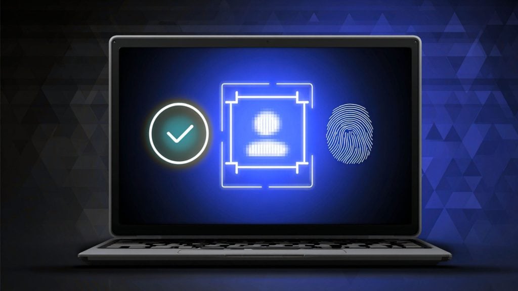 Laptop screen with neon icons: a checkmark, a pixelated ID in a scanning frame, and a fingerprint on blue background