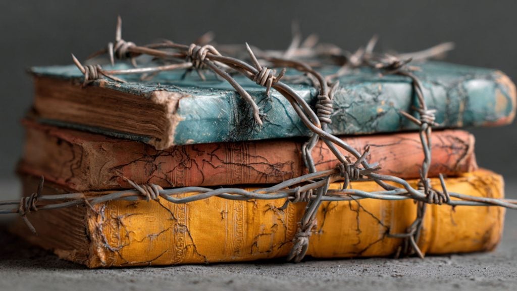 Three worn, colored books stacked and wrapped tightly with rusted barbed wire across their cracked covers and spines.