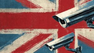 Two metal surveillance cameras angled toward the viewer over a distressed Union Jack flag background.