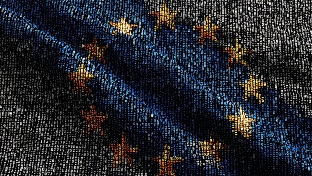 Blue and black digital globe made of vertical rows of binary and numeric code with yellow stars suggesting the EU flag