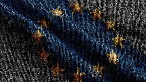 Blue and black digital globe made of vertical rows of binary and numeric code with yellow stars suggesting the EU flag