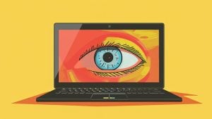 Laptop screen showing a stylized blue eye illustration against red and yellow background on a yellow backdrop