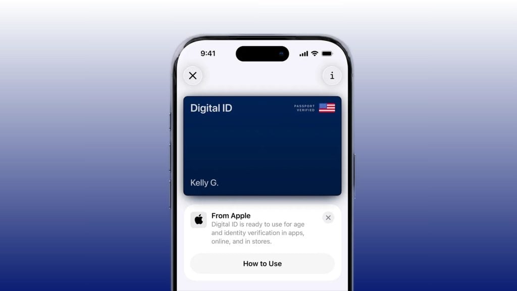 Smartphone screen showing a blue "Digital ID" card labeled "Kelly G." with a small US flag and passport verified badge.